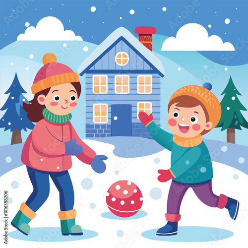 two children in winter clothes and mittens playing vector art