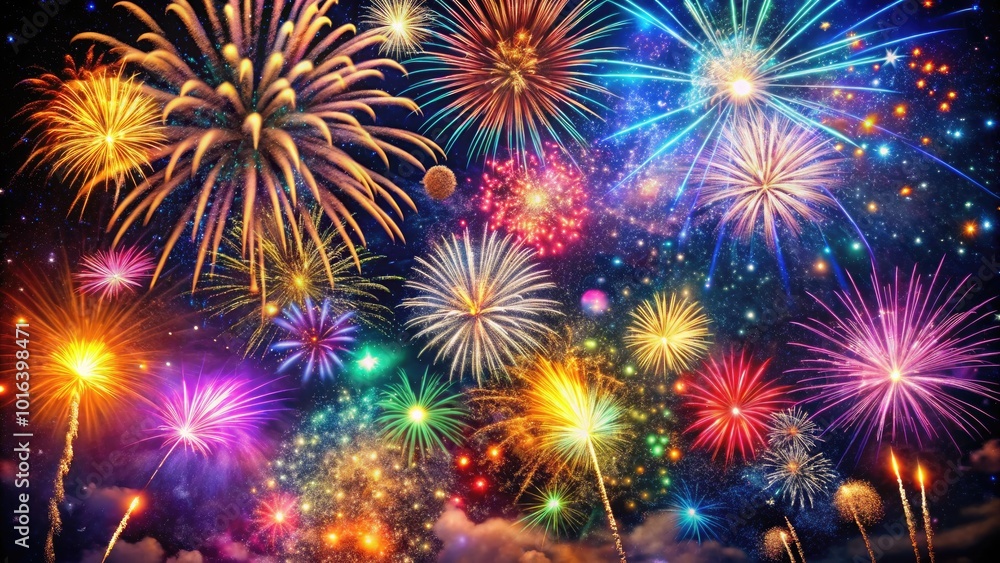 Vibrant fireworks and confetti explode in a kaleidoscope of colors against a dark night sky, celebrating the start of a brand new year in style. Vibrant fireworks and confetti explode in a kaleidoscope of colors against a dark night sky, celebrating the start of a brand new year in style.