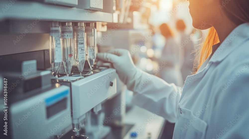 A lab technician handling vials in a scientific research environment. A lab technician handling vials in a scientific research environment.