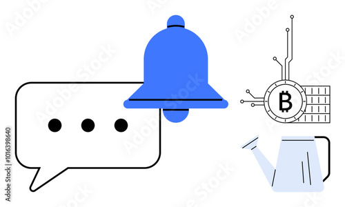Speech bubble, blue notification bell, digital bitcoin symbol, and blue watering can. Ideal for technology, communication, cryptocurrency, notifications, and growth themes. Modern, clean, minimalist