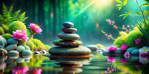 serene arrangement of smooth stones stacked harmoniously on tranquil water surface, surrounded by vibrant flowers and lush greenery, creating peaceful and calming atmosphere