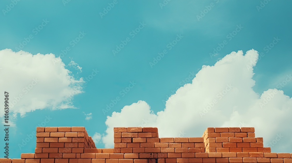 Fototapeta premium Construction bricks stacked high, with blank space in the sky for text