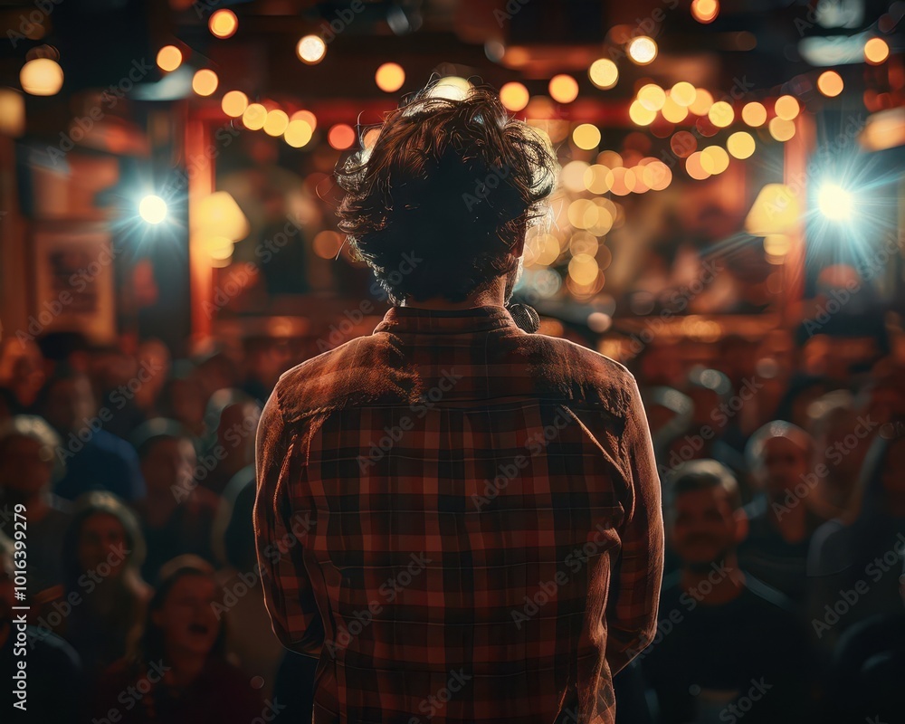 Obraz premium Stand-up comedians performing at a comedy club, lively and humorous, Urban, Soft tones, Photograph, Comedy night
