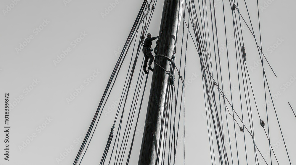 Obraz premium A person climbing a tall mast, surrounded by rigging against a clear sky.