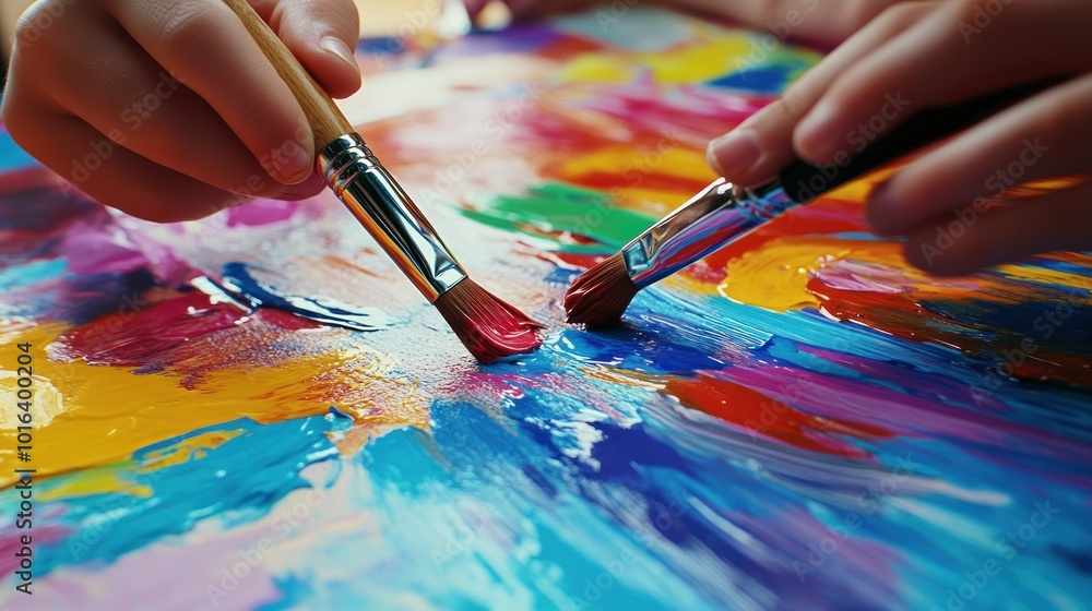 Fototapeta premium Two paintbrushes blending vibrant colors on a canvas, showcasing artistic creativity.