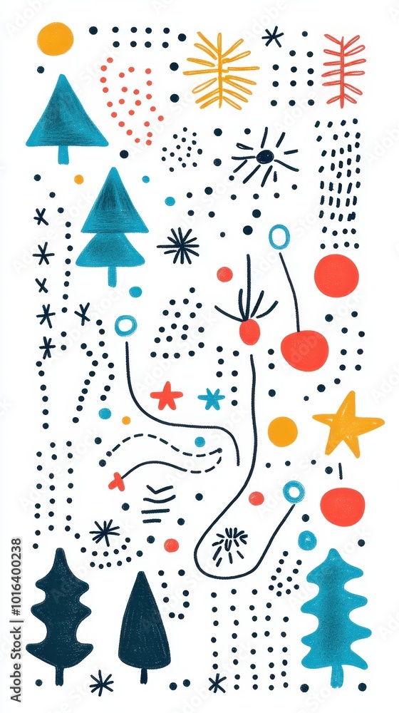 This vibrant design showcases trees, stars, and playful shapes in lively colors This vibrant design showcases trees, stars, and playful shapes in lively colors