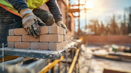 A construction worker carefully stacking bricks on a scaffold at sunset.