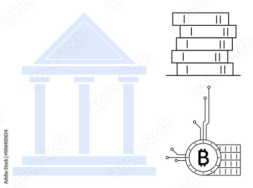 Simplified images of a traditional bank building and a bitcoin symbol connected to a stack of digital coins. Ideal for financial technology themes digital currencies banking blockchain and investment