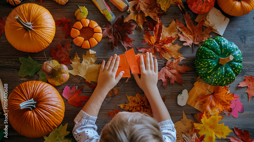 One child enjoys a fun fall craft indoors, making colorful paper pumpkins and leaf prints. Creative autumn-themed DIY project for children. A place for text and advertising, copywriting