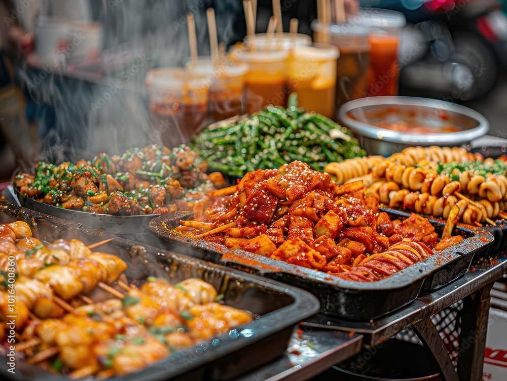 Obraz premium Street vendors selling local delicacies, vibrant and flavorful, Urban, Bright hues, Photograph, Urban cuisine