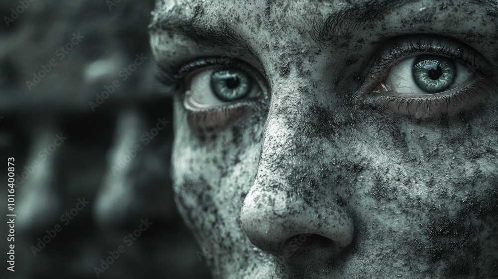 A woman with blue eyes and a face covered in dirt A woman with blue eyes and a face covered in dirt