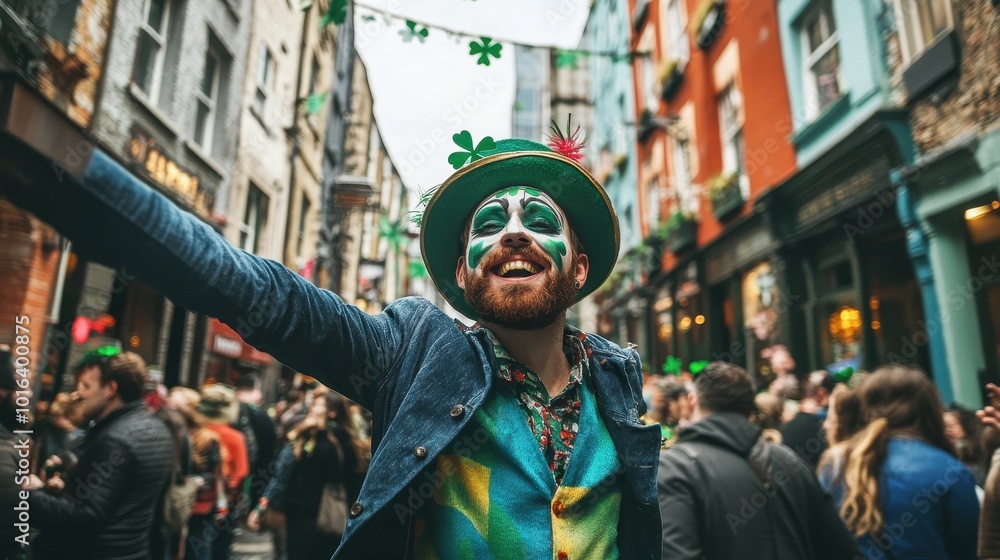 Fototapeta premium A man in festive attire joyfully engages the crowd during St. Patrick's Day festivities