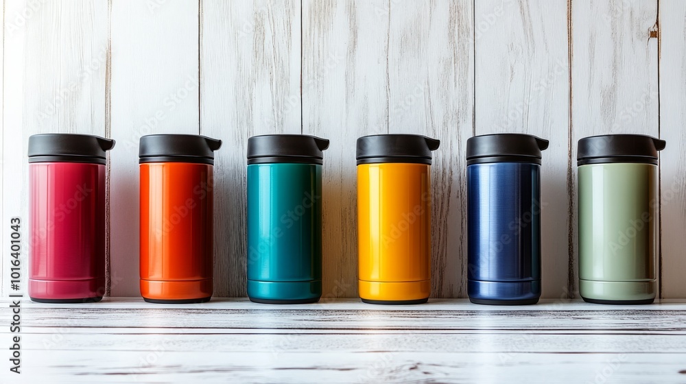 Six colorful stainless steel thermal bottles with black lids on a white wooden background. Six colorful stainless steel thermal bottles with black lids on a white wooden background.