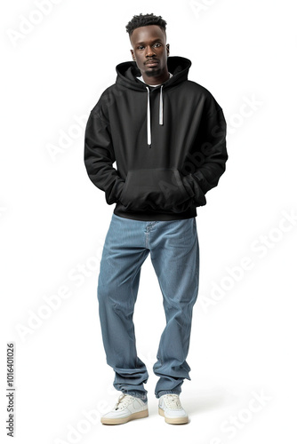 Wallpaper Mural black african american male model wearing a black heavyweight cotton blank oversize hoodie, baggy blue jeans, clothing mockup Torontodigital.ca