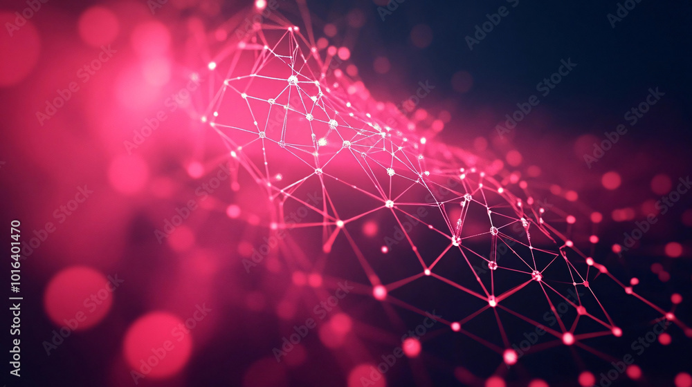 A dynamic and abstract digital network visualization with interconnected nodes and lines glowing in vibrant pink hues, set against a dark background, representing data flow, technology, or communicati A dynamic and abstract digital network visualization with interconnected nodes and lines glowing in vibrant pink hues, set against a dark background, representing data flow, technology, or communicati
