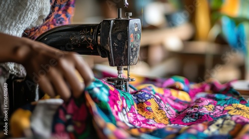 A close-up of a sewing machine in use, stitching a colorful fabric. photo