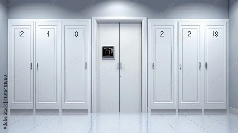 A series of fully enclosed digital lockers line the wall, each marked with individual numbers. The setting emphasizes storage options and organizational tools A series of fully enclosed digital lockers line the wall, each marked with individual numbers. The setting emphasizes storage options and organizational tools