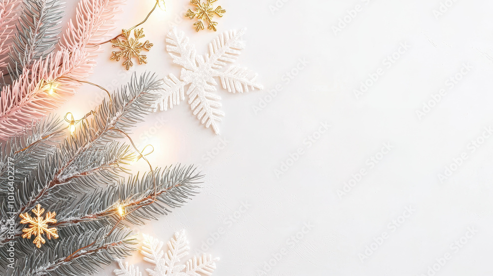 Festive winter decor featuring pastel pink and gray evergreen branches, gold and white snowflakes, and warm fairy lights on a white background Festive winter decor featuring pastel pink and gray evergreen branches, gold and white snowflakes, and warm fairy lights on a white background