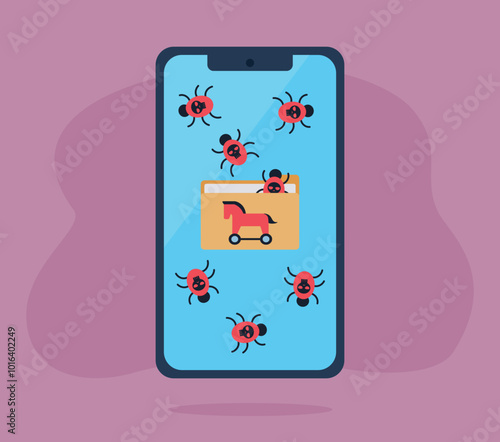 Phone with an open folder with a virus from which computer worms emerge and take over the device. Hacker takes over device using Trojan. Flat design vector illustration.