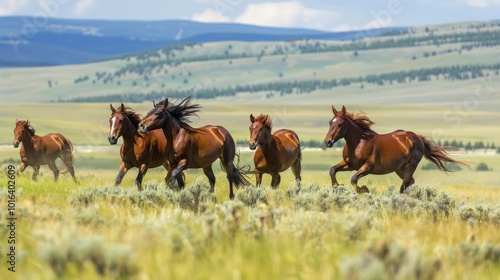 Wild horses running through a grassy plain, emphasizing the untamed and free-roaming wildlife of Earth photo