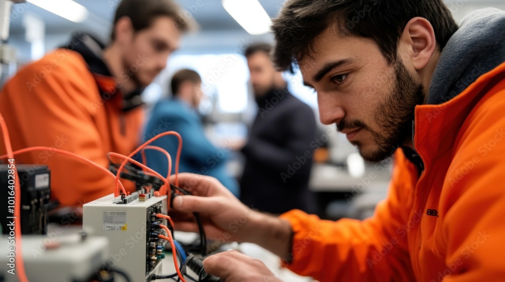 Two individuals work on electronic equipment, focusing on wiring and connections. Two individuals work on electronic equipment, focusing on wiring and connections.