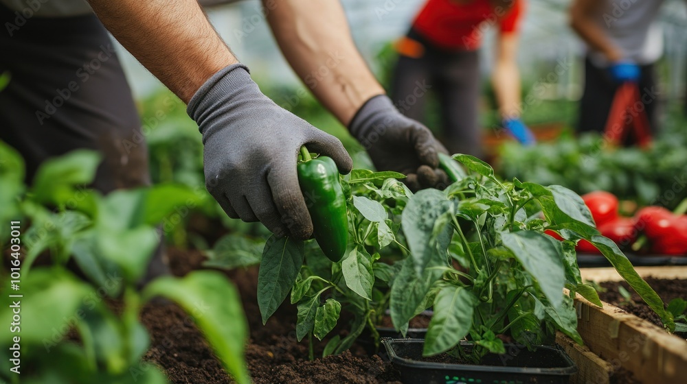 Fototapeta premium A person harvesting green peppers in a greenhouse surrounded by plants.