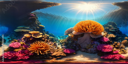 Underwater equirectangular panorama near the coral reef