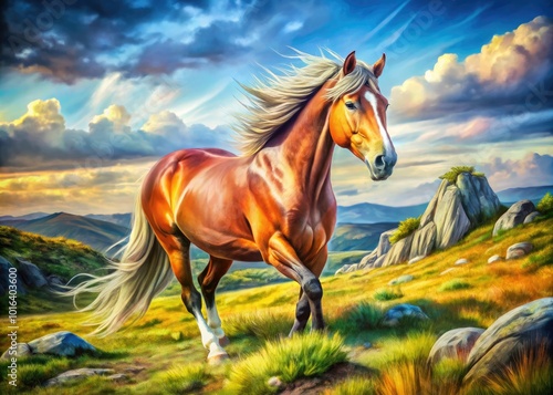 A breathtaking artistic portrayal of a noble horse set against a vivid natural backdrop, with brilliant colors enhancing the harmonious beauty of the landscape and creature. photo