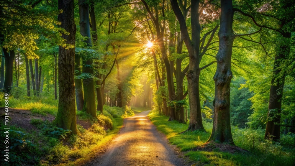 Fototapeta premium A calm pathway leads through lush green trees in a sun-kissed forest, where soft, dappled light creates a peaceful, enchanting atmosphere.