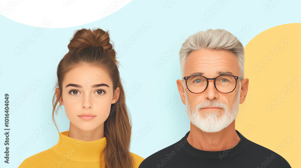 A young woman and an older man with a beard stand side by side, both looking directly at the camera with serious expressions. A young woman and an older man with a beard stand side by side, both looking directly at the camera with serious expressions.