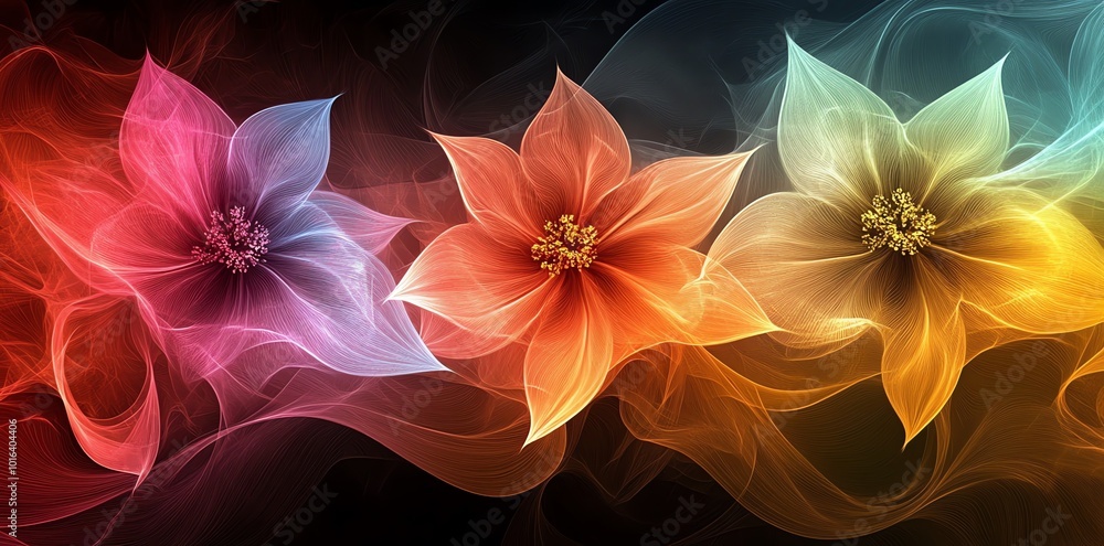 Three abstract flowers with colorful smoke trails on a dark background. Three abstract flowers with colorful smoke trails on a dark background.