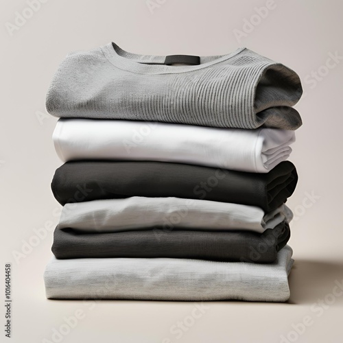 Set of pile stack group of folded blank black grey gray white tee t shirt sweater 