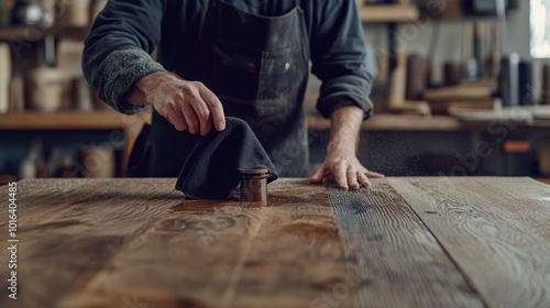 A craftsman polishing a wooden surface in a workshop.