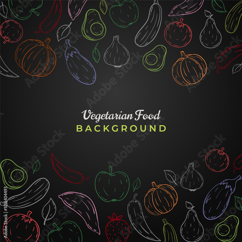 Vegetarian food background. Hand draw organic healthy food backdrop with space for text and colorful outline vegetables and fruits icons. Black chalkboard background