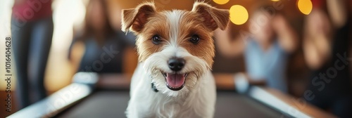 A playful dog in focus, with people enjoying a social gathering in the background.