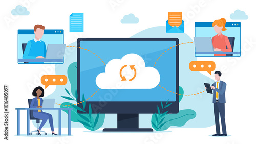 Connecting users of different devices via the cloud. Some people are at work, some connect via messenger. They send email, and documents. Flat design illustration. 