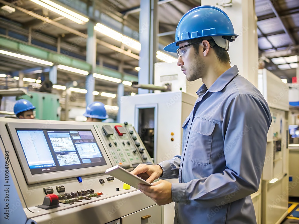 Industrial Factory Enginner Using Computer in a Manufacturing Environment Industrial Factory Enginner Using Computer in a Manufacturing Environment