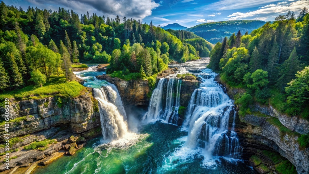Fototapeta premium A magnificent waterfall descends rocky heights, enveloped by rich, green trees beneath a serene, clear blue sky, showcasing nature's awe-inspiring beauty.