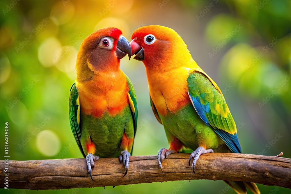 Obraz premium Amidst a lush environment, lovebirds flaunt their colorful feathers, affectionately playing and interacting joyfully as pairs, embodying the beauty of their natural behavior.