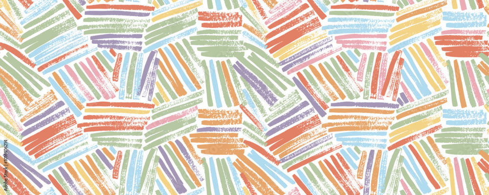 Colorful weave seamless pattern with straight brush stokes. Rough textures lines in different direction. Intricate basket or bamboo texture. Hand drawn childish style seamless banner background.