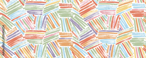 Colorful weave seamless pattern with straight brush stokes. Rough textures lines in different direction. Intricate basket or bamboo texture. Hand drawn childish style seamless banner background.