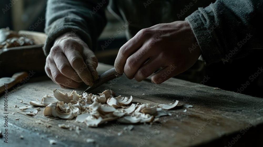 Close-up of hands carving wood shavings on a workbench, showcasing craftsmanship. Close-up of hands carving wood shavings on a workbench, showcasing craftsmanship.