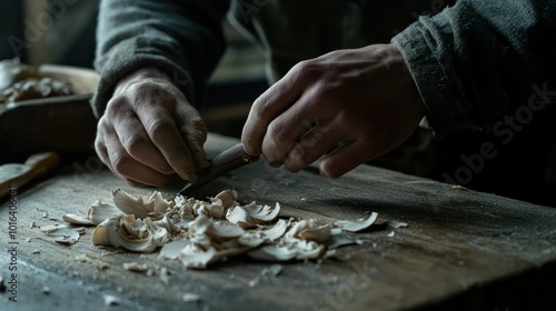 Close-up of hands carving wood shavings on a workbench, showcasing craftsmanship.