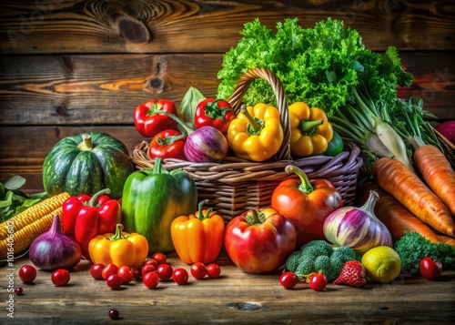 An assortment of bright, colorful fruits and vegetables elegantly presented on a rustic wooden table, showcasing the beauty and freshness of natureâ€™s harvest.