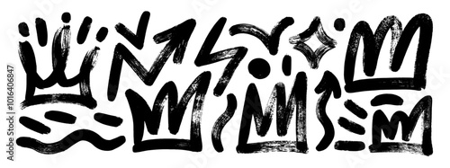 Funky crowns, arrows and squiggles drawn by bold rough brush. Primitive crown forms set.