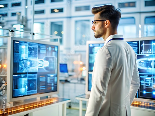 Wallpaper Mural Futuristic Technology Interface with a Man Interacting in a Virtual Data Center Torontodigital.ca