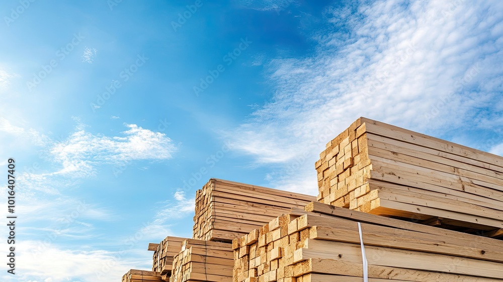 Piles of lumber ready for construction, open sky for copy space Piles of lumber ready for construction, open sky for copy space