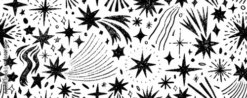 Seamless pattern with stars and comets drawn by a crayon. Sketch style repeated cosmos motif. Night sky seamless banner background.