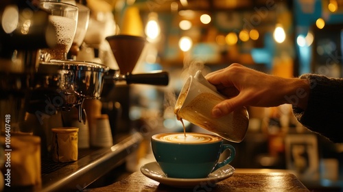 A barista pouring latte art into a blue coffee cup at a cozy café.