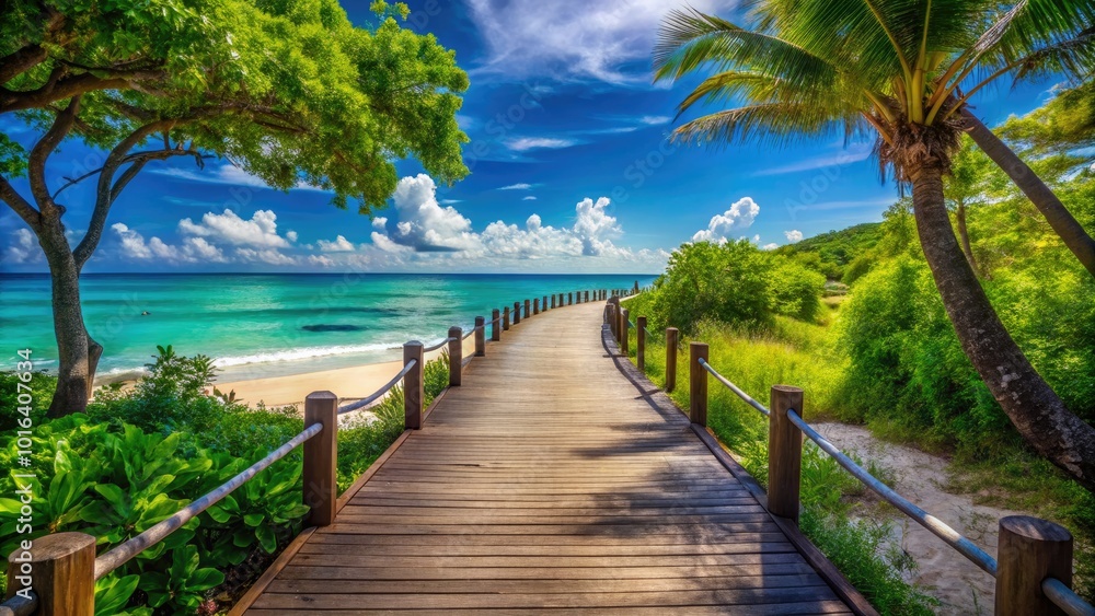 A serene path meanders to an unspoiled beach, bordered by flourishing greenery and under clear blue skies, offering a picturesque setting for relaxation and tranquility. A serene path meanders to an unspoiled beach, bordered by flourishing greenery and under clear blue skies, offering a picturesque setting for relaxation and tranquility.